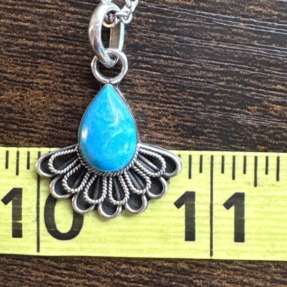 VTG Sterling Silver 925 Teardrop Turquoise Bezel Set Pendant Necklace 22" Length - Picture 13 of 13